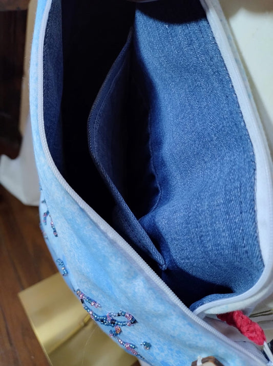 'Alba' Borsa Artigianale in Jeans e Cotone - Ricamo Unico a Mano
